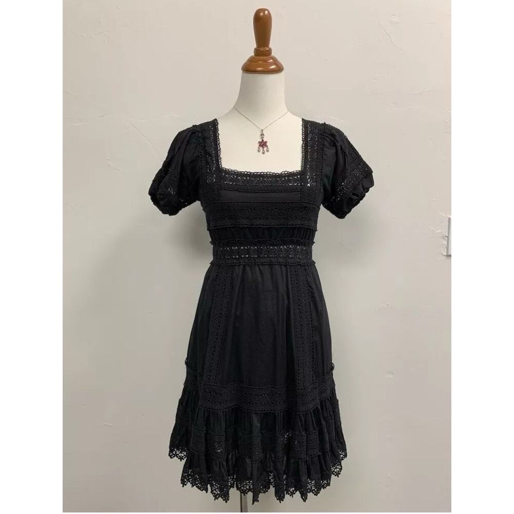 VICTORIA'S SECRET FIT FLARE DRESS Crochet Eyelet Puff Sleeves Black Goth Punk S